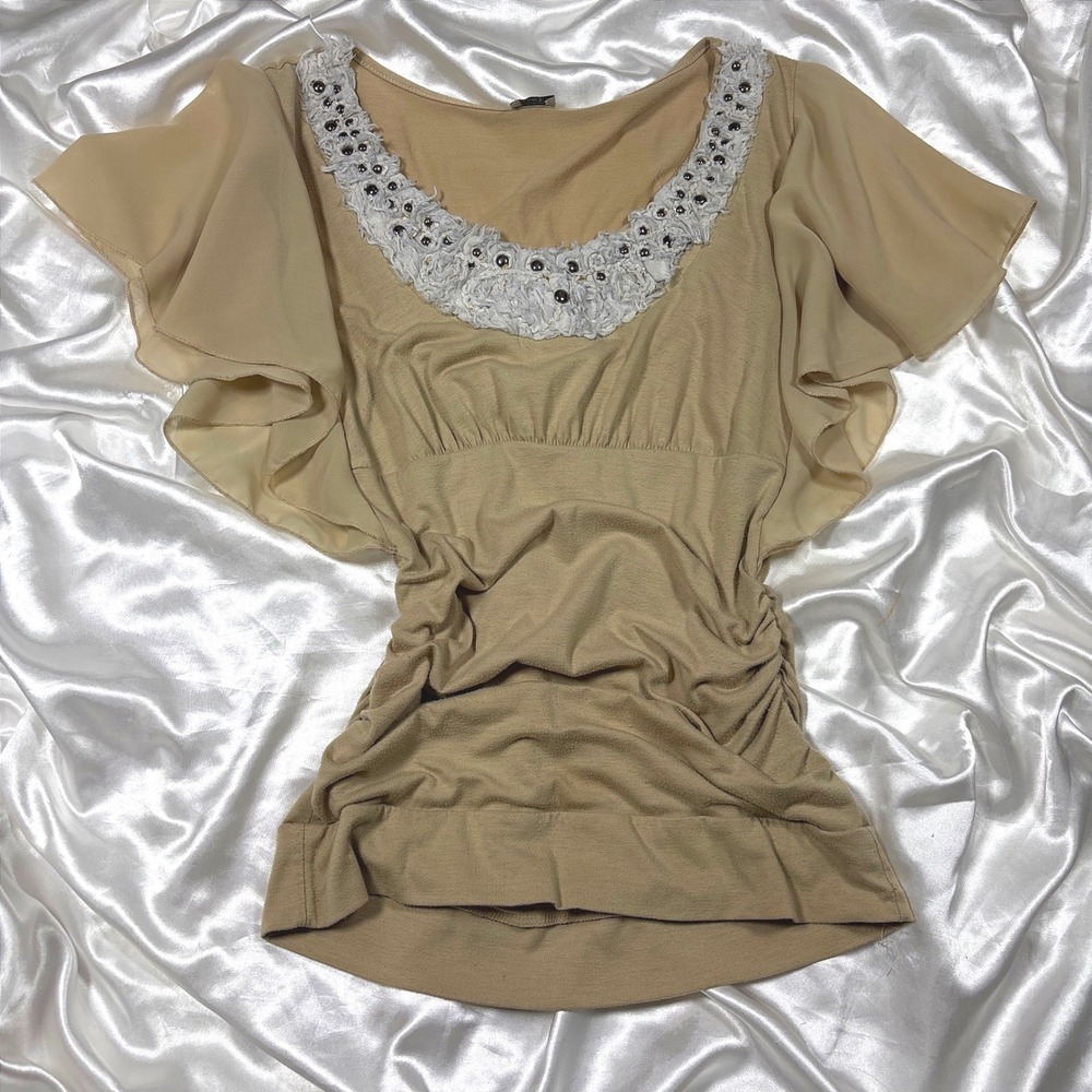 y2k Blouse Tan Good Charming Charlie Studded Lace Neck Ruched Flutter Sleeve